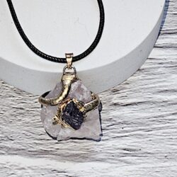 Big Asymmetrical Gold Plated Edge Natural Stone Pendant, Rose Quartz Crystal Pendant Necklace, Jewelry Gift