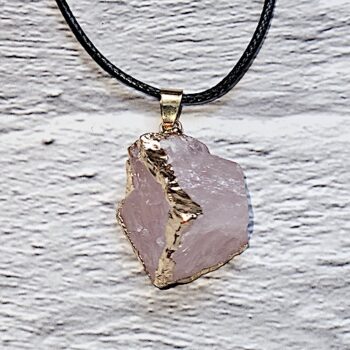 Asymmetrical Gold Plated Edge Natural Stone Pendant, Rose Quartz Crystal Pendant Necklace, Jewelry Gift